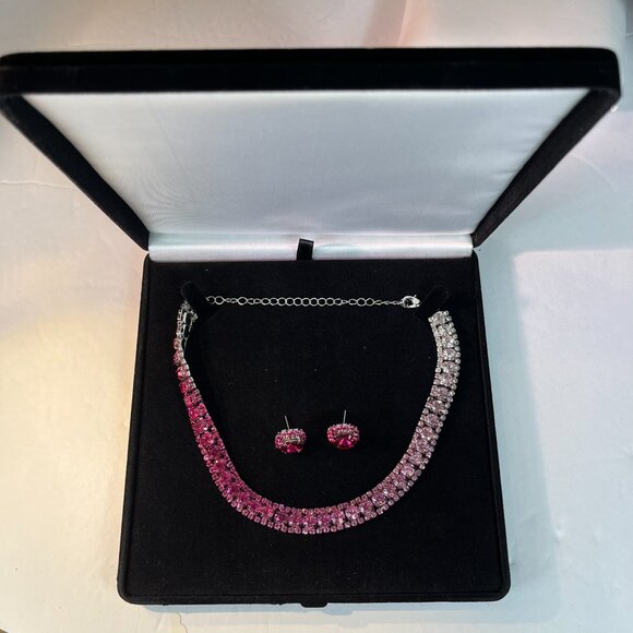 Choker Necklace Earrings Jewelry Set Zirconia Pink Multi color with Gift Box - Picture 8 of 8